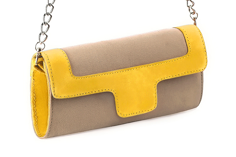 Women's tan beige and yellow luxurious elegant clutch for ceremonies, weddings and evenings out. - Front view